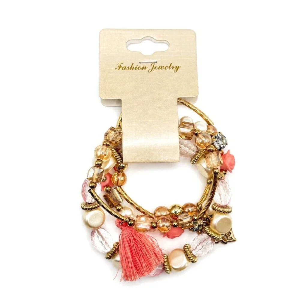Pink Gold Boho Layered Bracelet Set Faux Pearl Floral Crystal Tassel NEW